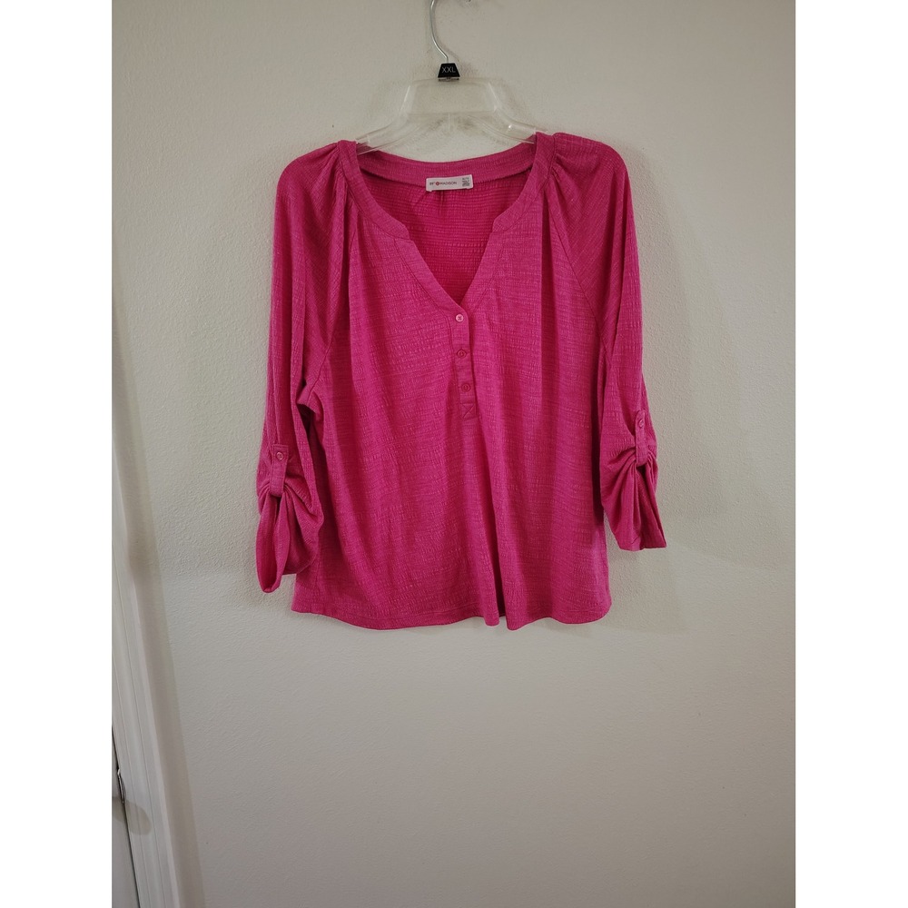 89th & Madison Pink Textured Roll Tab Sleeve Henley Top XL